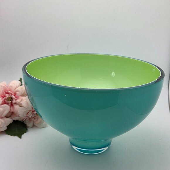 Modern Glass Bowl Teal Blue Exterior Casted Green Interior Footed 5x8 Inches - Picture 1 of 11
